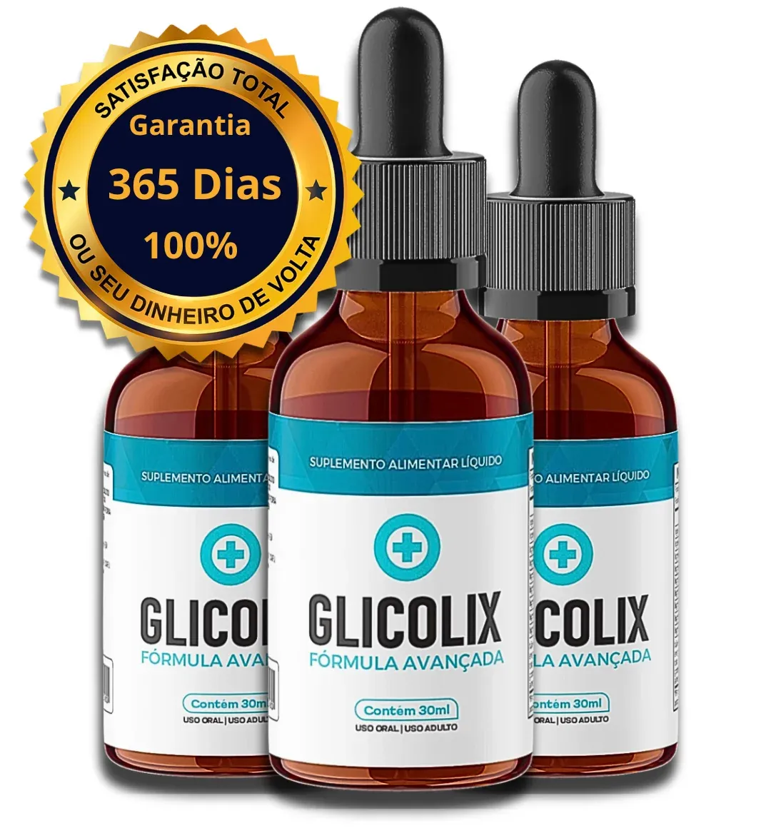 Selo de garantia de 365 dias com três frascos de Glicolix