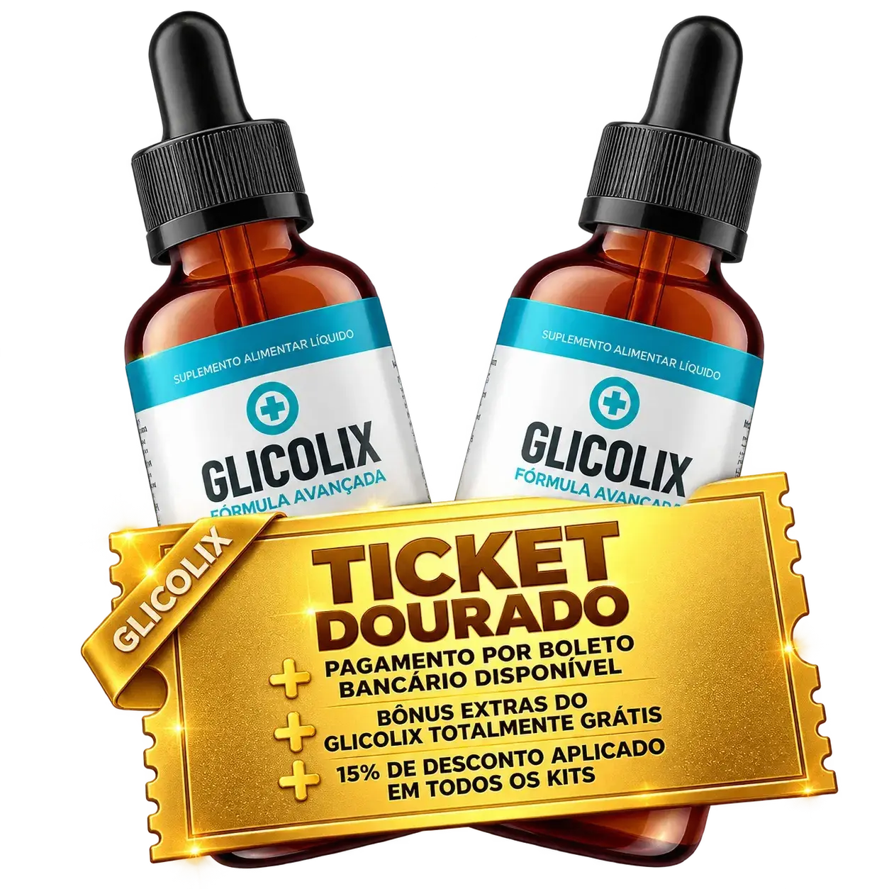Dois frascos de Glicolix Fórmula Avançada com o Ticket Dourado: pagamento por boleto, bônus extras e 15% de desconto em todos os kits